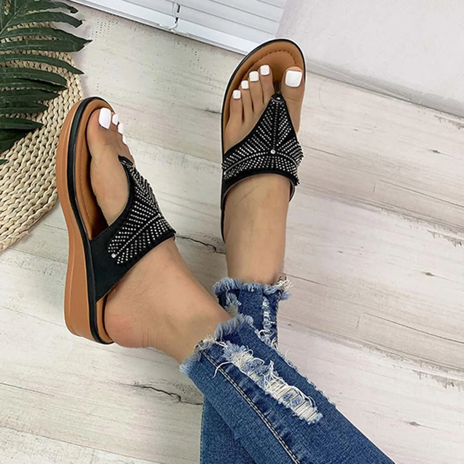 Ladies Rhinestone Flip Flops Summer Dressy Casual Low Wedge Sandals for Women Comfort Arch Support Clip Toe Slippers