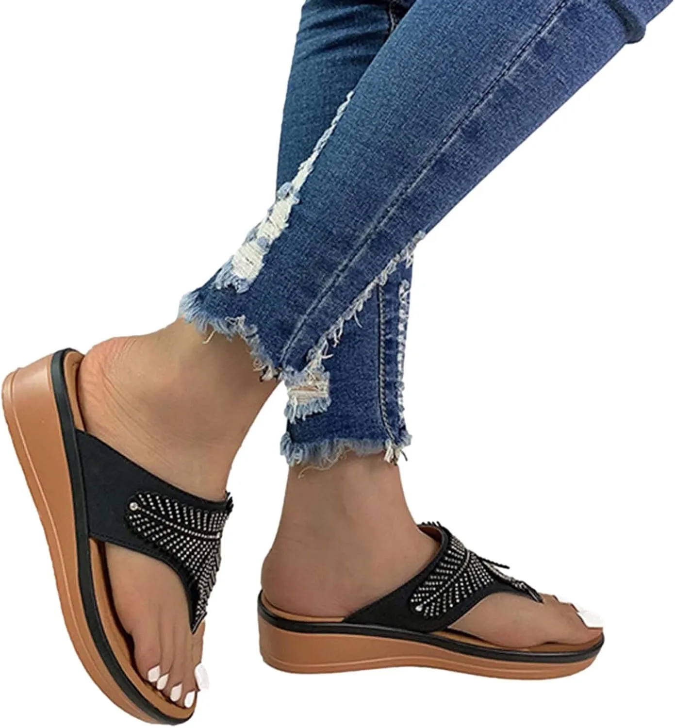 Ladies Rhinestone Flip Flops Summer Dressy Casual Low Wedge Sandals for Women Comfort Arch Support Clip Toe Slippers