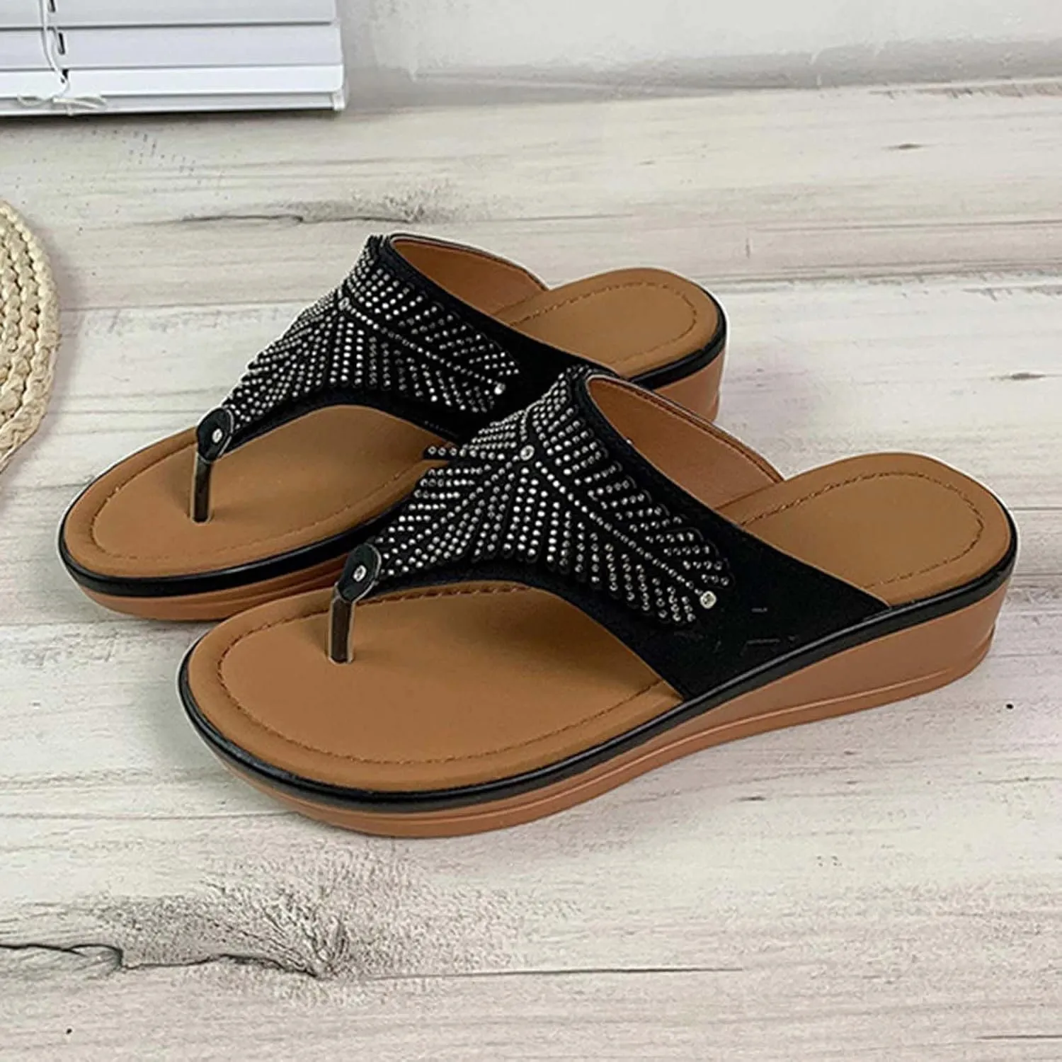 Ladies Rhinestone Flip Flops Summer Dressy Casual Low Wedge Sandals for Women Comfort Arch Support Clip Toe Slippers