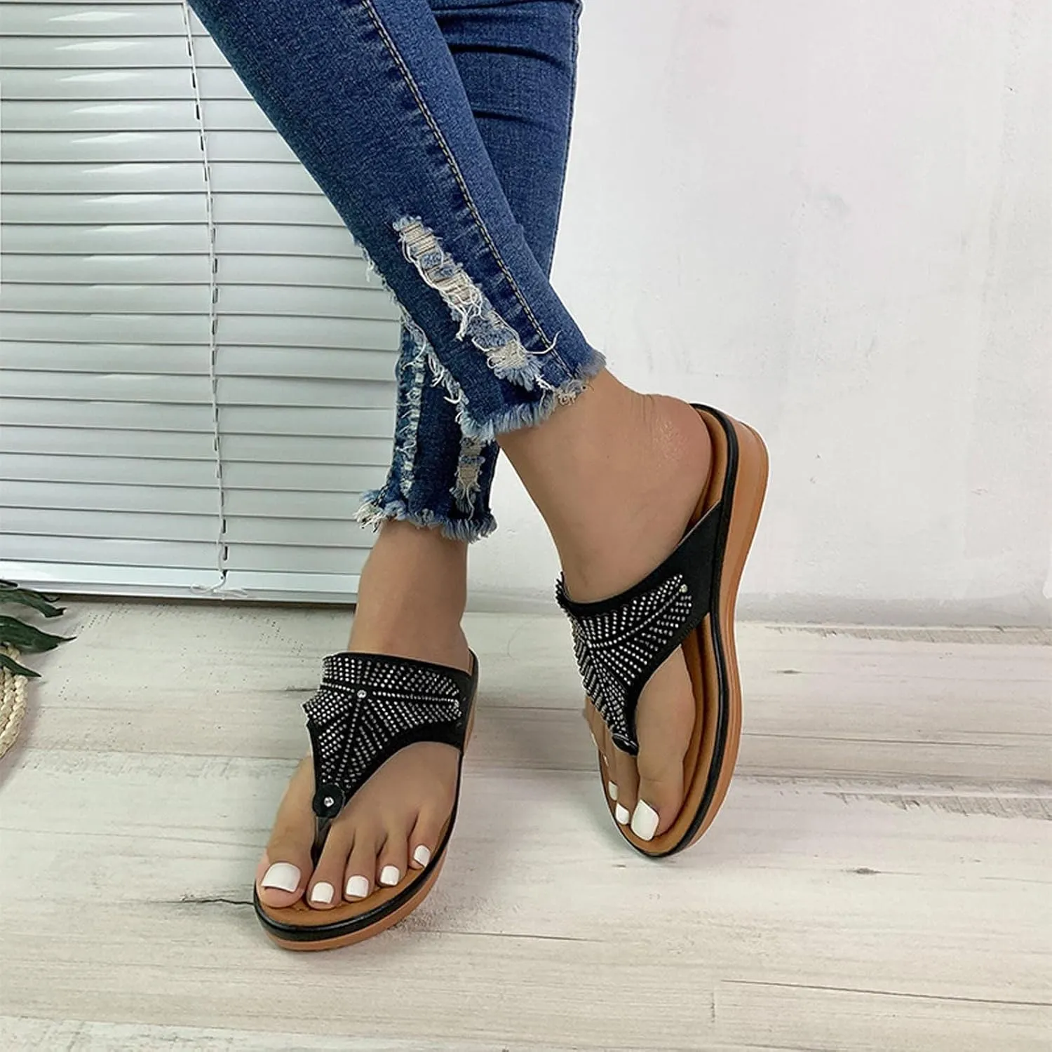 Ladies Rhinestone Flip Flops Summer Dressy Casual Low Wedge Sandals for Women Comfort Arch Support Clip Toe Slippers