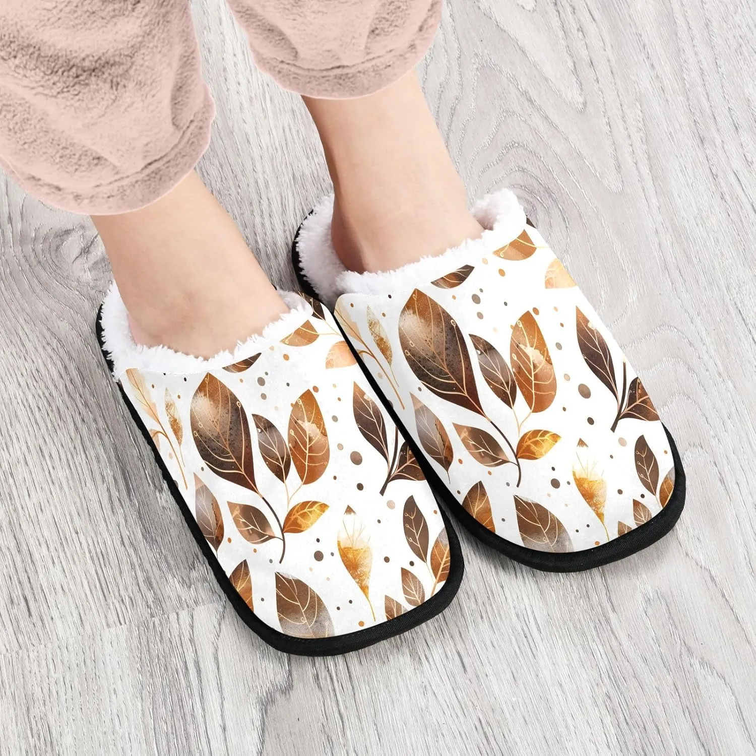 Leaves Brown Gold Watercolor Polka Dots Plush Slippers for Women Men Warm Comfortable Travel Spa Slipper Non-slip House Shoes