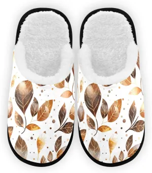 Leaves Brown Gold Watercolor Polka Dots Plush Slippers for Women Men Warm Comfortable Travel Spa Slipper Non-slip House Shoes