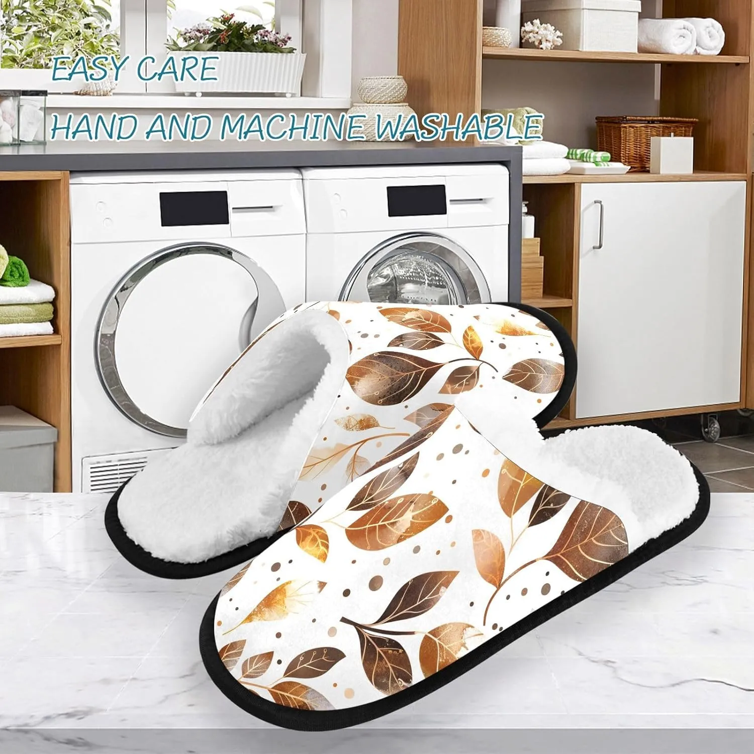 Leaves Brown Gold Watercolor Polka Dots Plush Slippers for Women Men Warm Comfortable Travel Spa Slipper Non-slip House Shoes