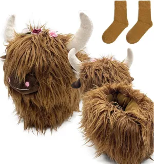 LELEBEAR Highland Cow Slippers, Plush Animal Slippers, Home Indoor Soft Anti-Slip Cute Slippers for Women and Men