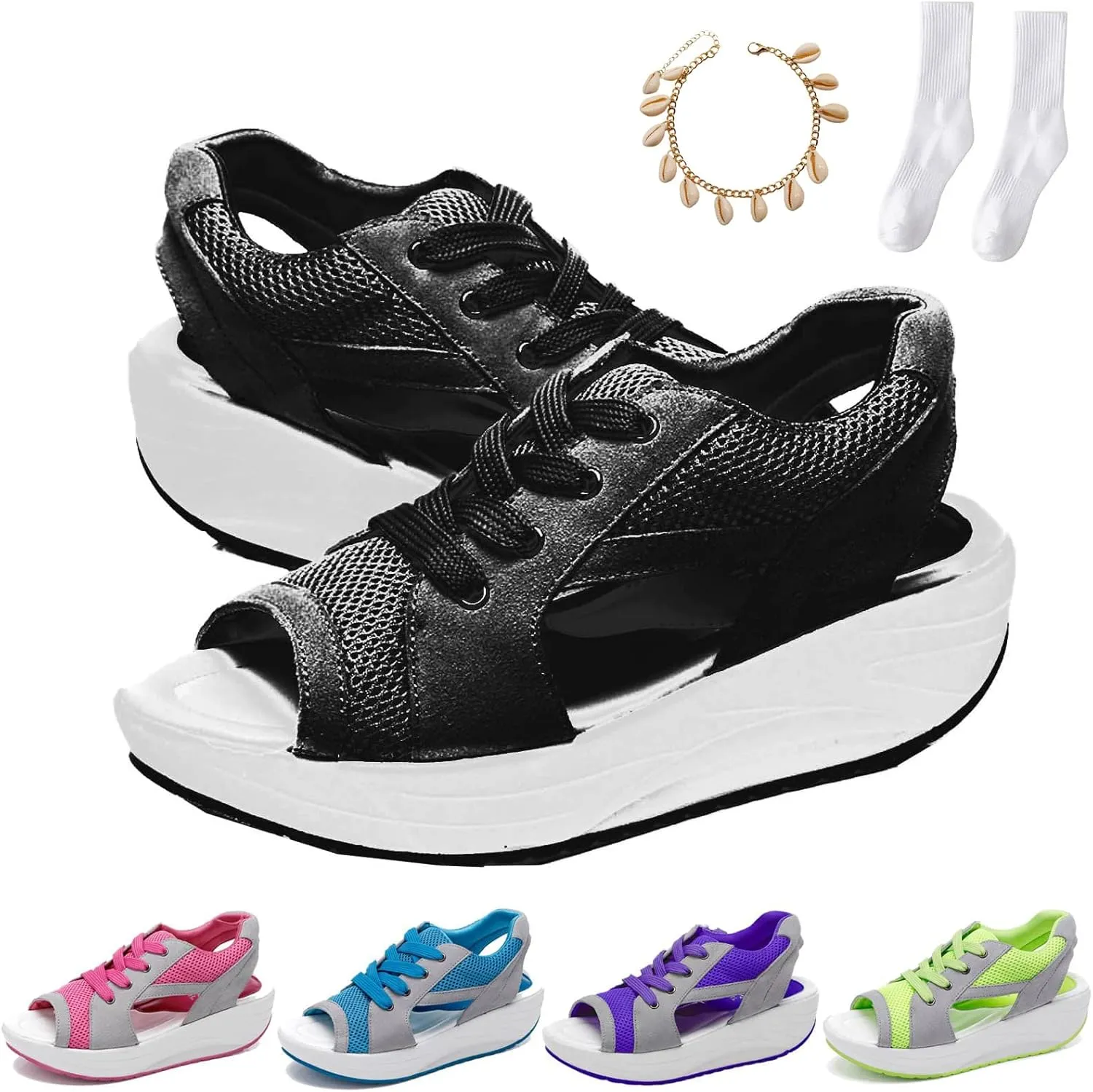 LELEBEAR Muffin Sandals for Women, Contrast Paneled Cutout Lace-up Muffin Sandals, Flair Gifts Sneaker Sandals