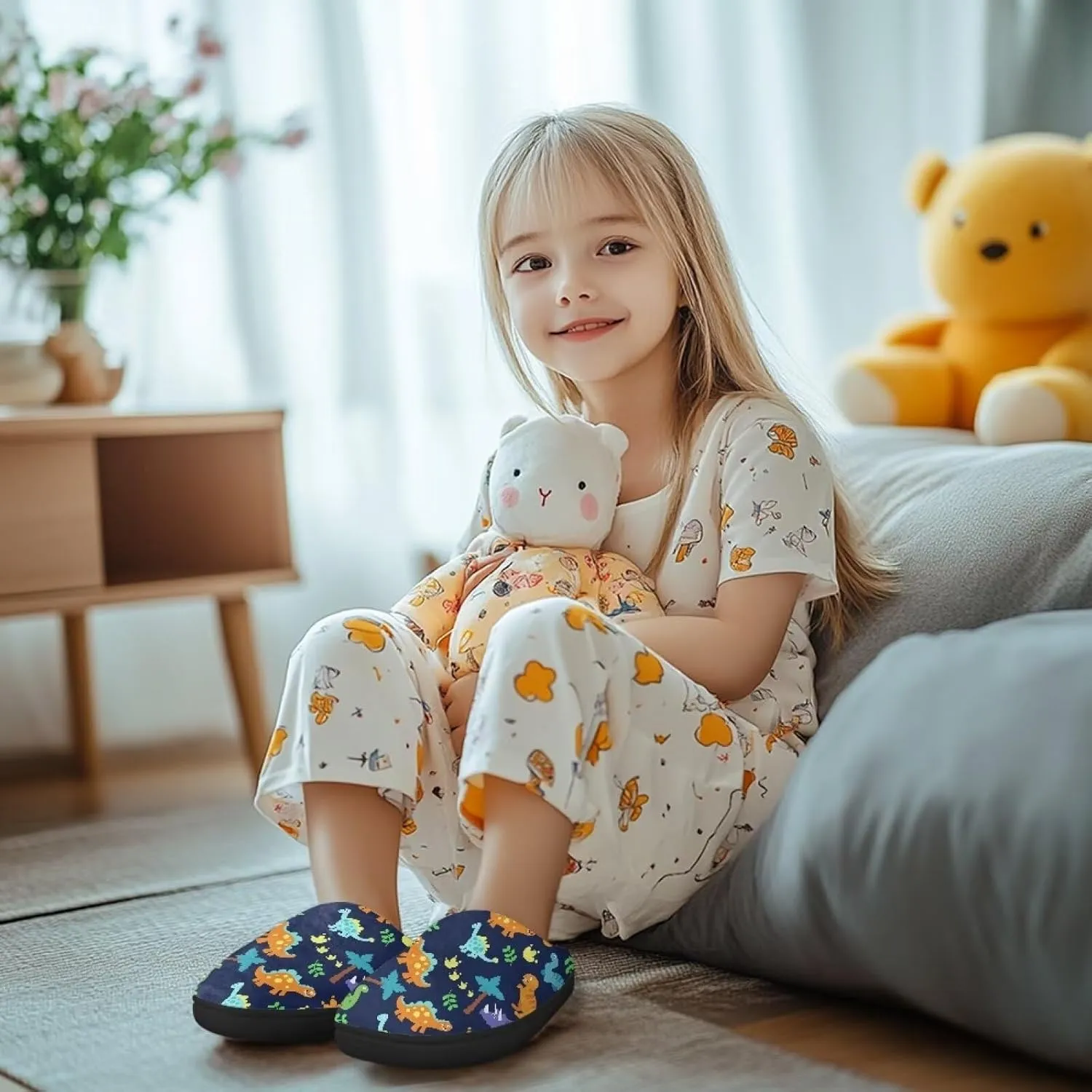 Little Kids Boys Girls House Cotton Slippers Cute Indoor Fluffy Slides Comfortable Elastic Warm Shoes for Yard Size 9-15 Black Sole