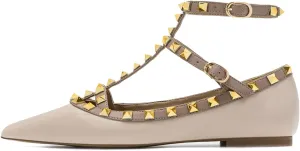 Lymphvity Women's Closed Pointed Toe Studs T-Strap Flat Shoes Fashion Adjustable Ankle Strap Rivet Gladiator Flats Dress Shoes for Work Party