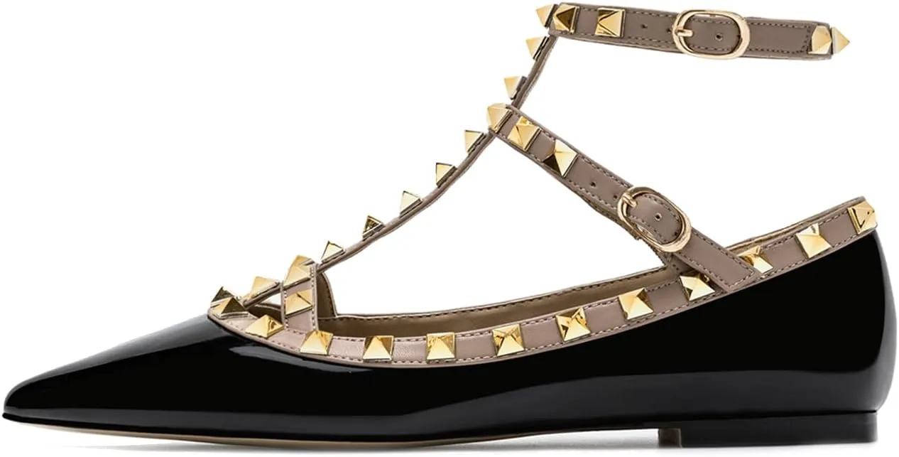 Lymphvity Women's Closed Pointed Toe Studs T-Strap Flat Shoes Fashion Adjustable Ankle Strap Rivet Gladiator Flats Dress Shoes for Work Party