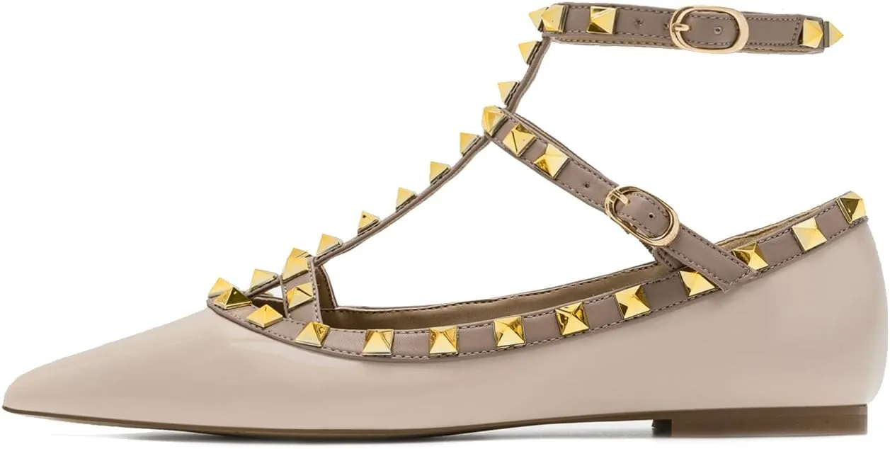 Lymphvity Women's Closed Pointed Toe Studs T-Strap Flat Shoes Fashion Adjustable Ankle Strap Rivet Gladiator Flats Dress Shoes for Work Party