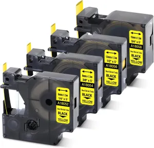 MarkDomain Rhino 18052 18054 18056 18058 1/4" 3/8" 1/2" 3/4" Label Tape, Replacement for DYMO Rhino Heat Shrink Tube Labels for DYMO 4200 5200 5000 6000 Label Makers, Black on Yellow, 4.9 Feet, 4-Pack