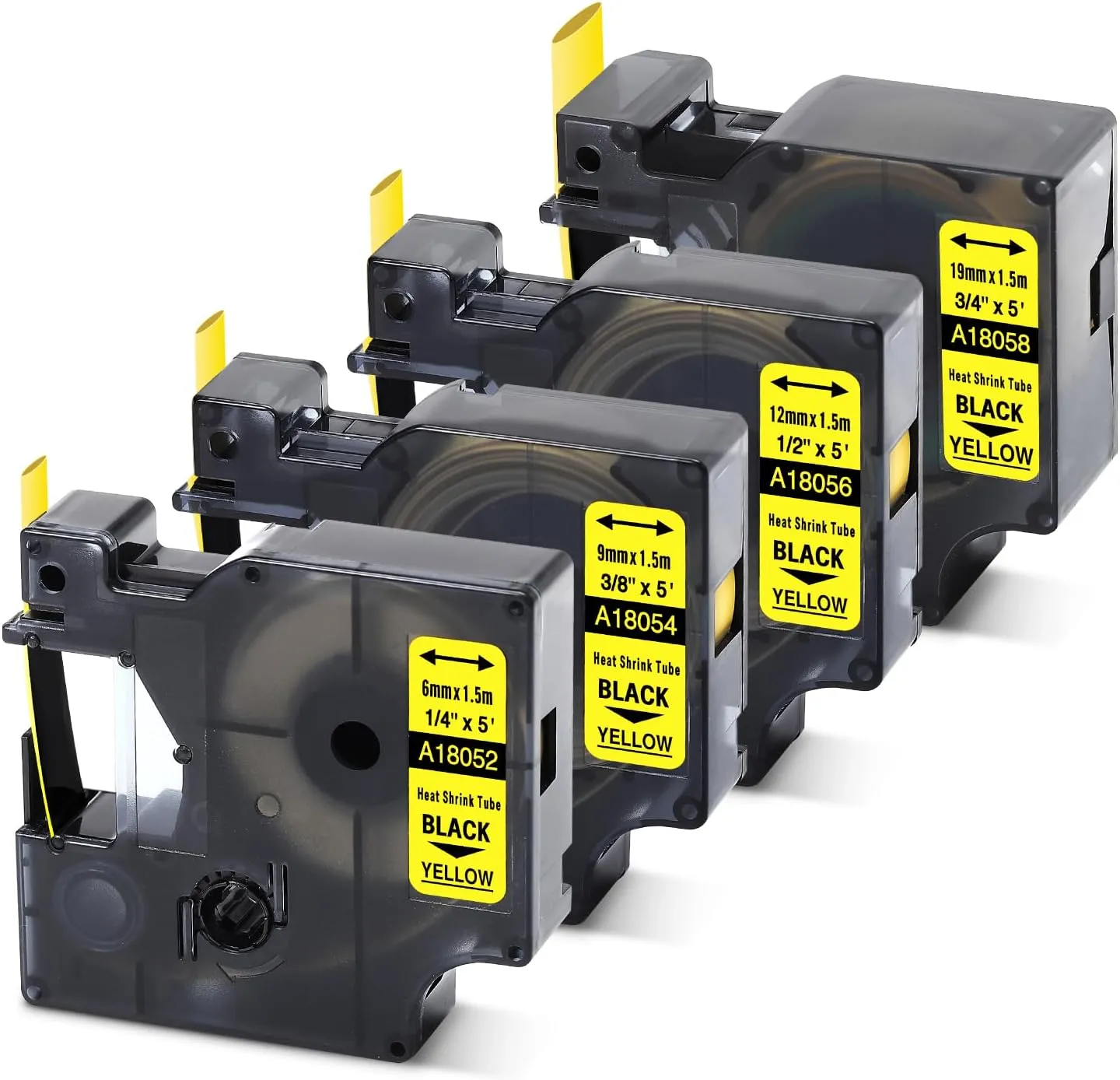 MarkDomain Rhino 18052 18054 18056 18058 1/4" 3/8" 1/2" 3/4" Label Tape, Replacement for DYMO Rhino Heat Shrink Tube Labels for DYMO 4200 5200 5000 6000 Label Makers, Black on Yellow, 4.9 Feet, 4-Pack