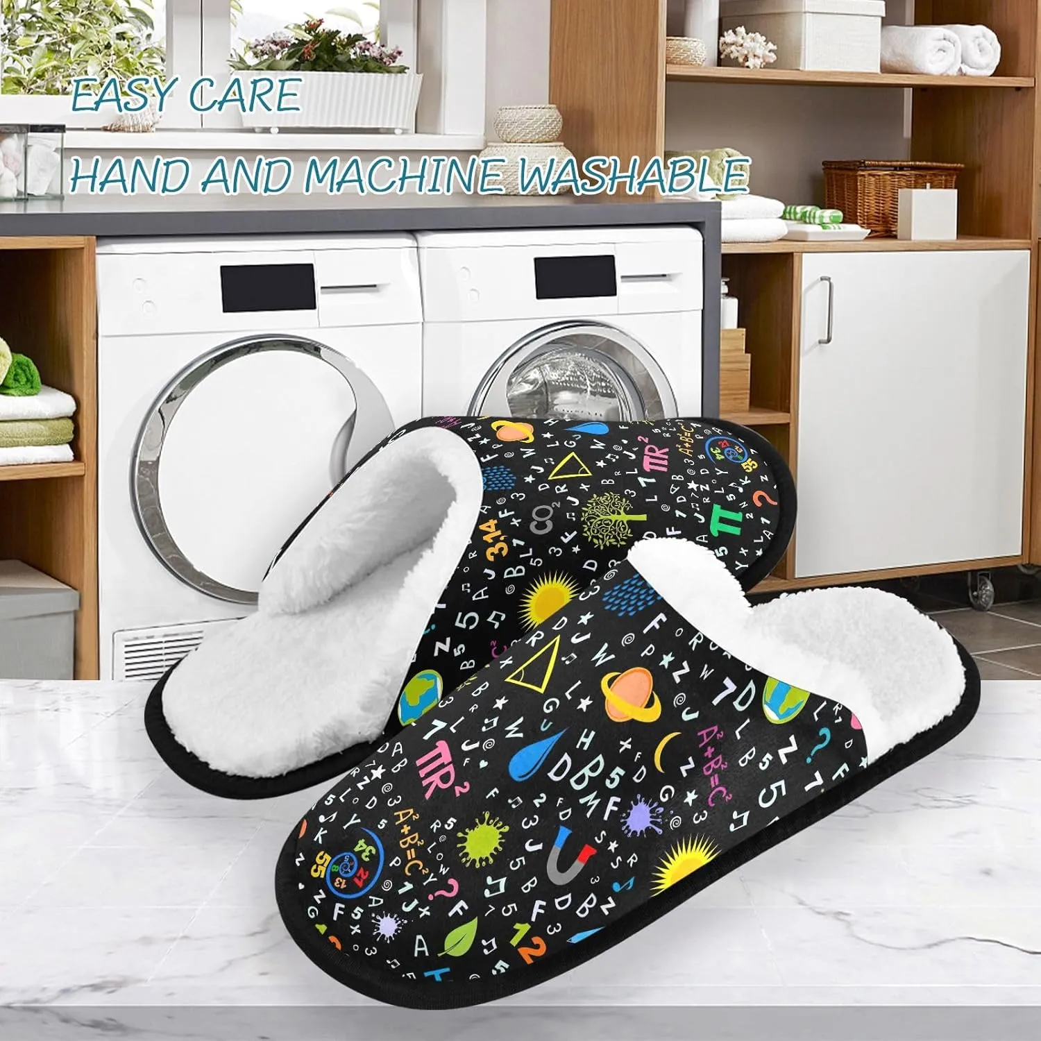 Math Number Black Cotton Home Shoes for Women Travel Slipper Size 5 to 8