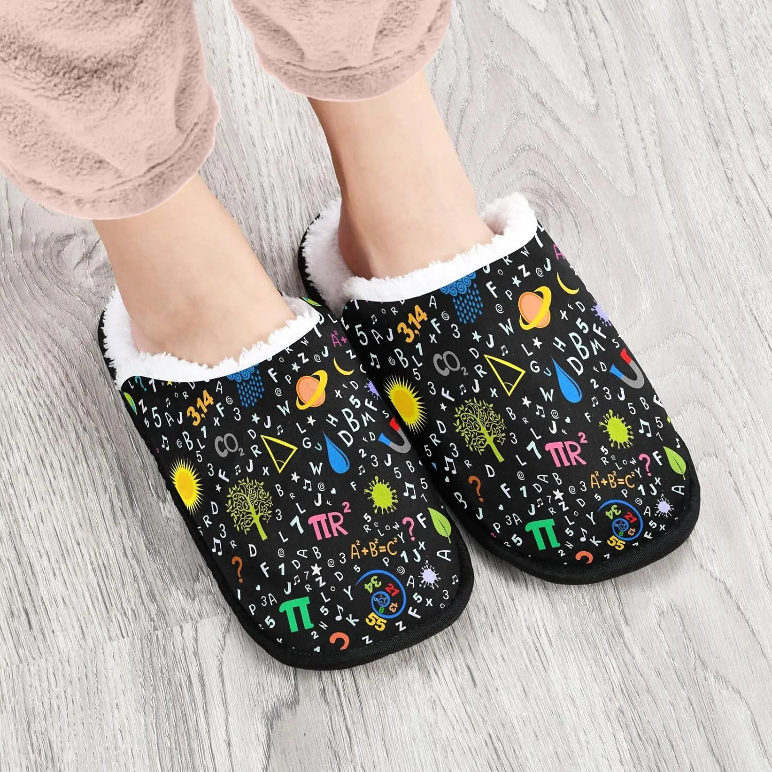 Math Number Black Cotton Home Shoes for Women Travel Slipper Size 5 to 8
