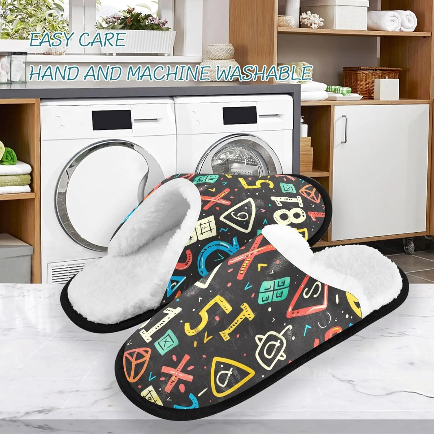 Math Symbols Plush Slippers for Women Men Warm Comfortable Travel Spa Slipper Non-slip House Shoes