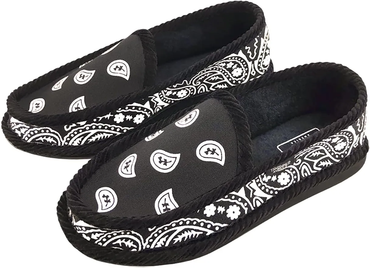Men and Women KS-002 Black Bandana Paisley Slip-On | Cozy, Colorful House Shoe Slippers | Ultra Cushion For Indoor and Outdoor