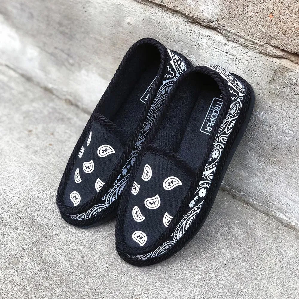 Men and Women KS-002 Black Bandana Paisley Slip-On | Cozy, Colorful House Shoe Slippers | Ultra Cushion For Indoor and Outdoor