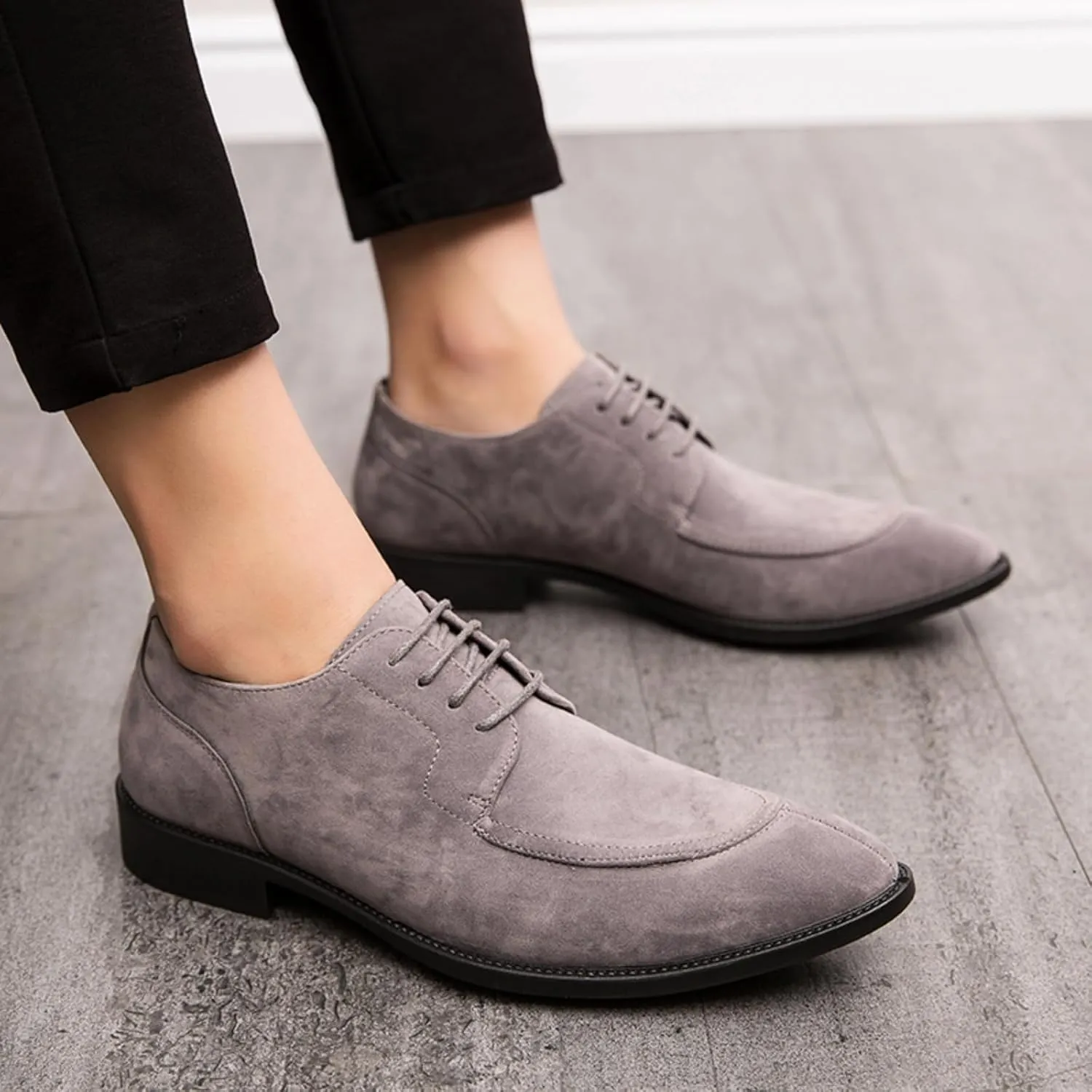 Mens Retro Suede Leather Lace Up Dress Oxfords Shoes Classic Slip On Low Top Pointed Toe Non-Slip Flats Derby Shoes for Formal Business Wedding (Coffee Color,6)