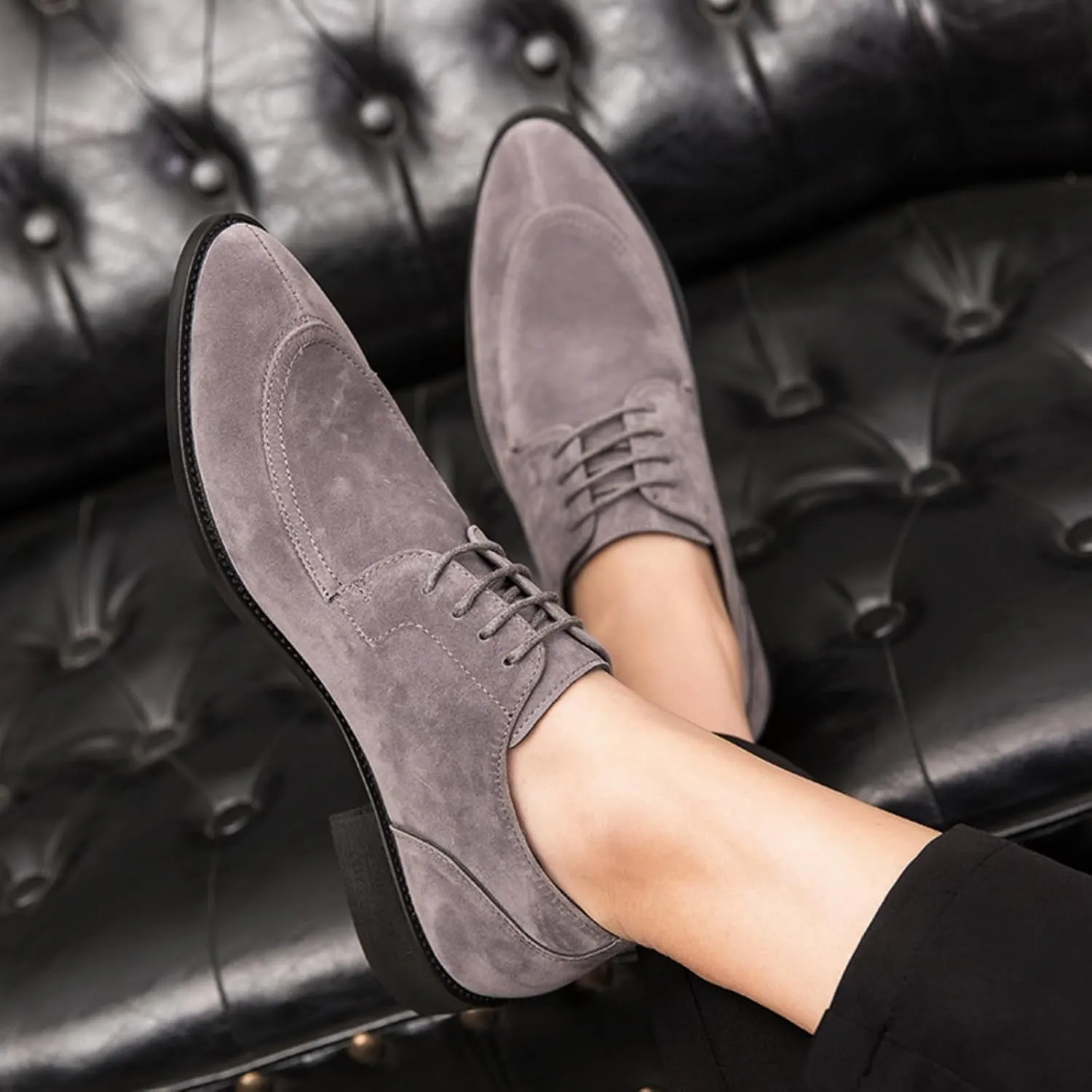 Mens Retro Suede Leather Lace Up Dress Oxfords Shoes Classic Slip On Low Top Pointed Toe Non-Slip Flats Derby Shoes for Formal Business Wedding (Coffee Color,6)