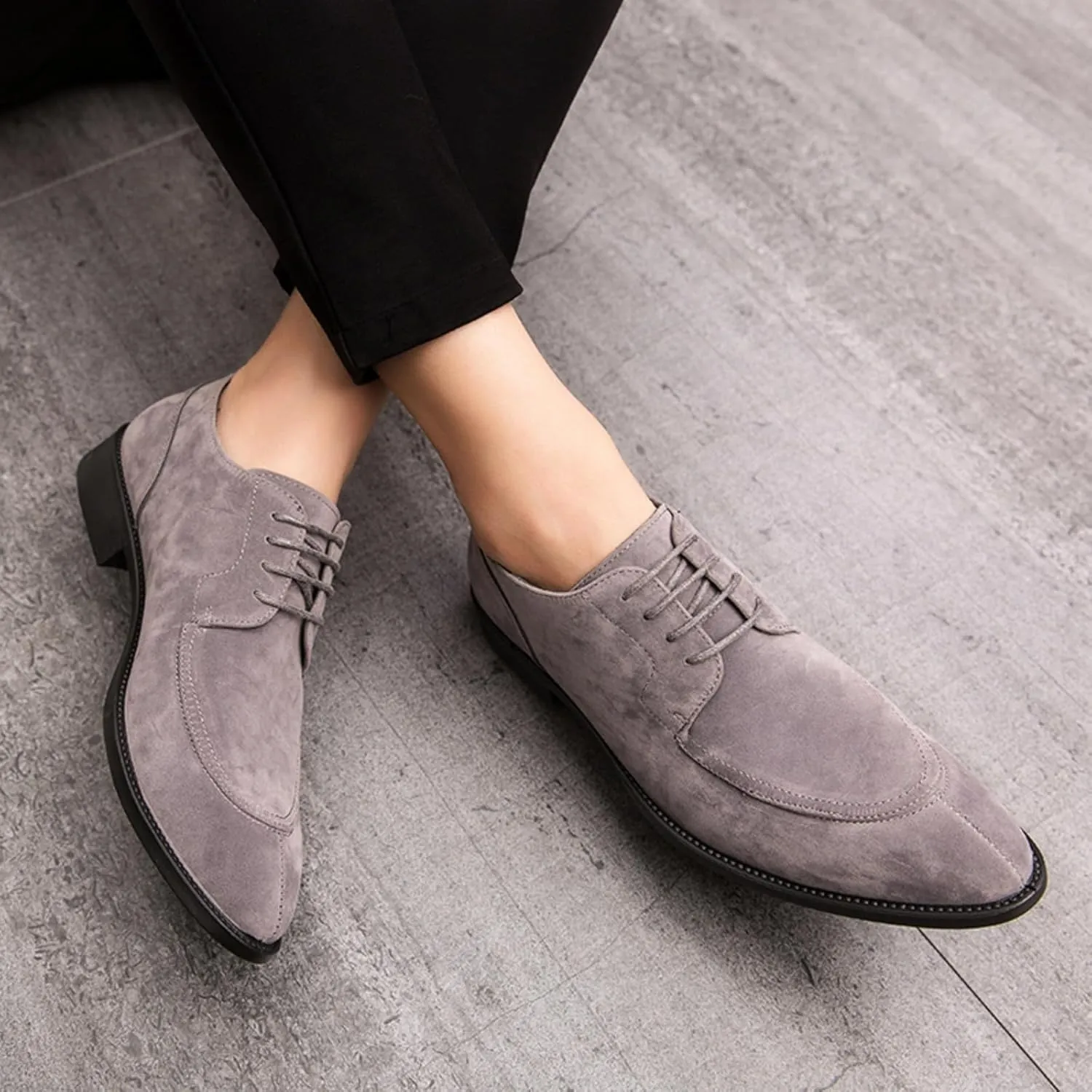 Mens Retro Suede Leather Lace Up Dress Oxfords Shoes Classic Slip On Low Top Pointed Toe Non-Slip Flats Derby Shoes for Formal Business Wedding (Coffee Color,6)