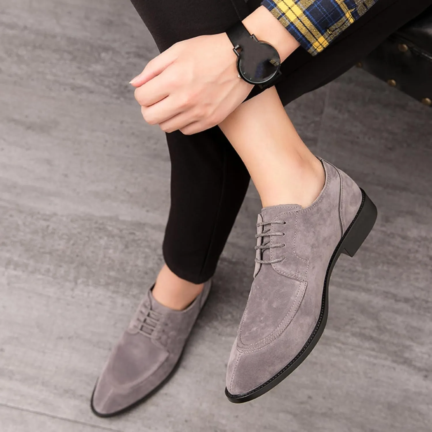 Mens Retro Suede Leather Lace Up Dress Oxfords Shoes Classic Slip On Low Top Pointed Toe Non-Slip Flats Derby Shoes for Formal Business Wedding (Coffee Color,6)