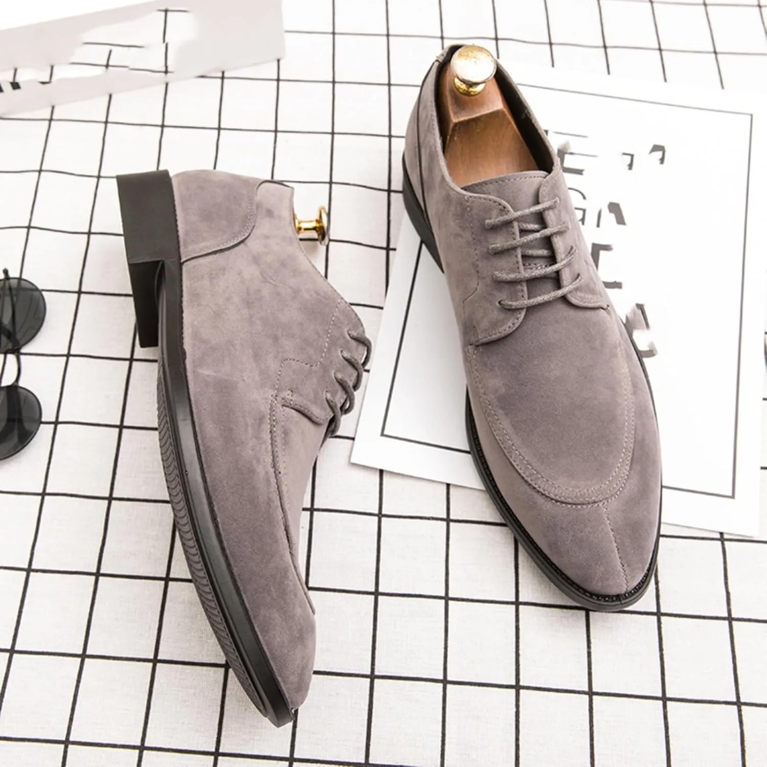 Mens Retro Suede Leather Lace Up Dress Oxfords Shoes Classic Slip On Low Top Pointed Toe Non-Slip Flats Derby Shoes for Formal Business Wedding (Coffee Color,6)