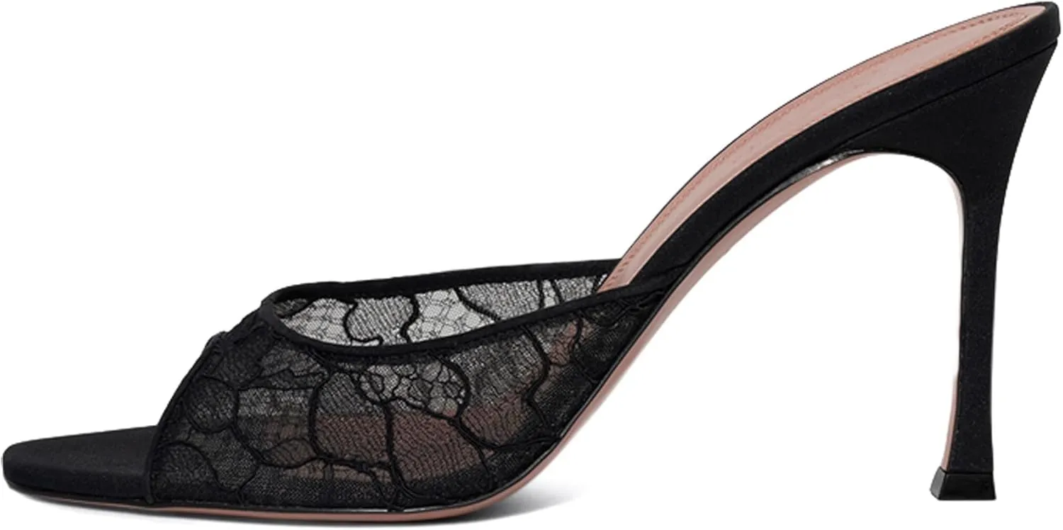 Mesh Heels Mules for Women Peep Open Toe Backless Stiletto Heel Sandals Party Dress Slip-on Lace Heeled Mule