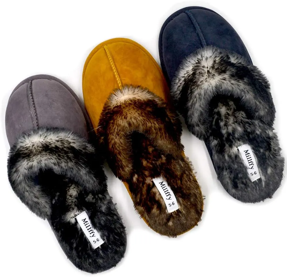 Millffy Faux Fur Slip On Unisex Mans Womens House Slipper with Memory Foam Slippers Shoes