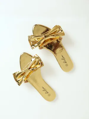 Mirror Metallic Big Bow Pointed Mule Sandal - Gold