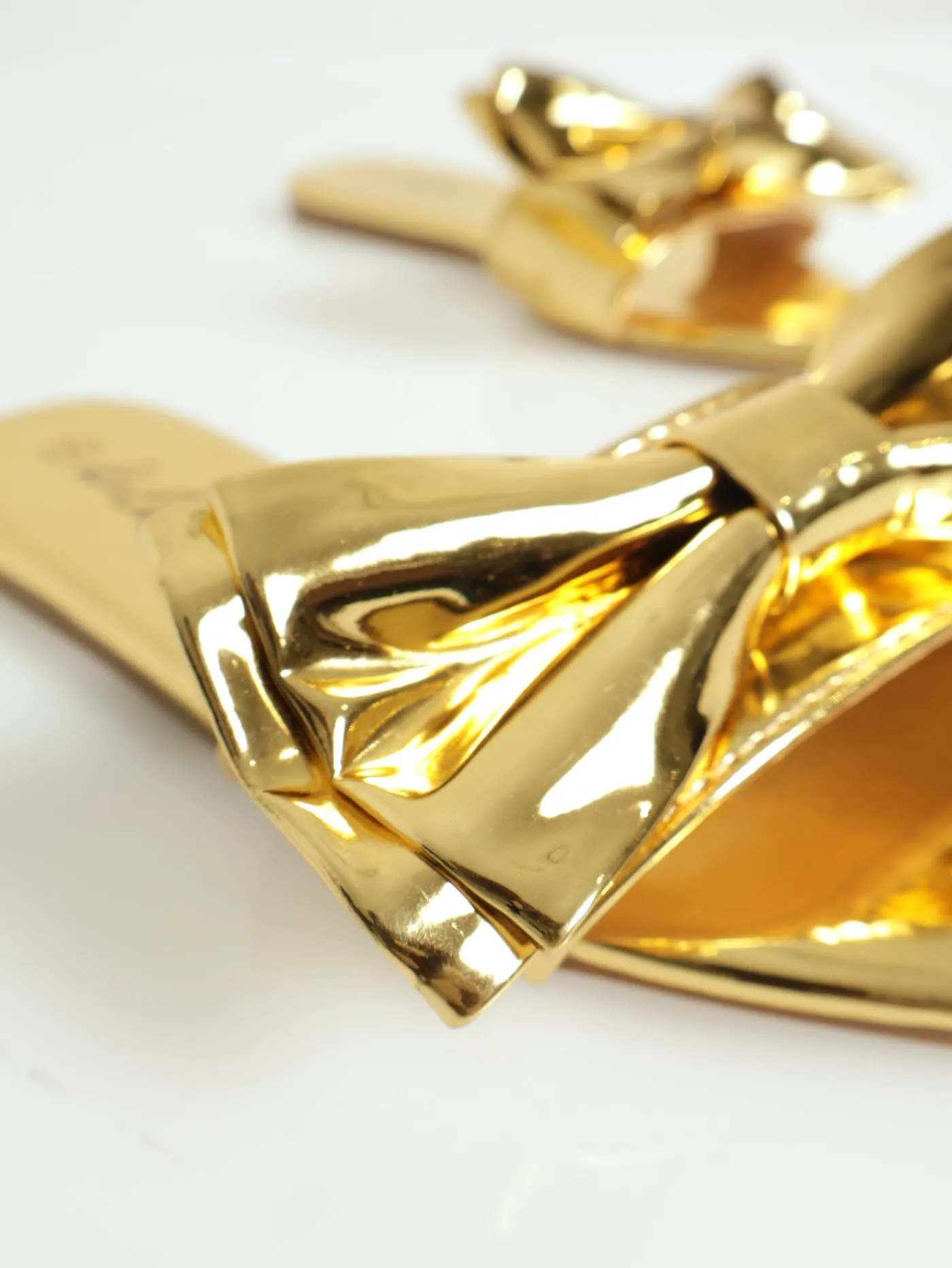 Mirror Metallic Big Bow Pointed Mule Sandal - Gold