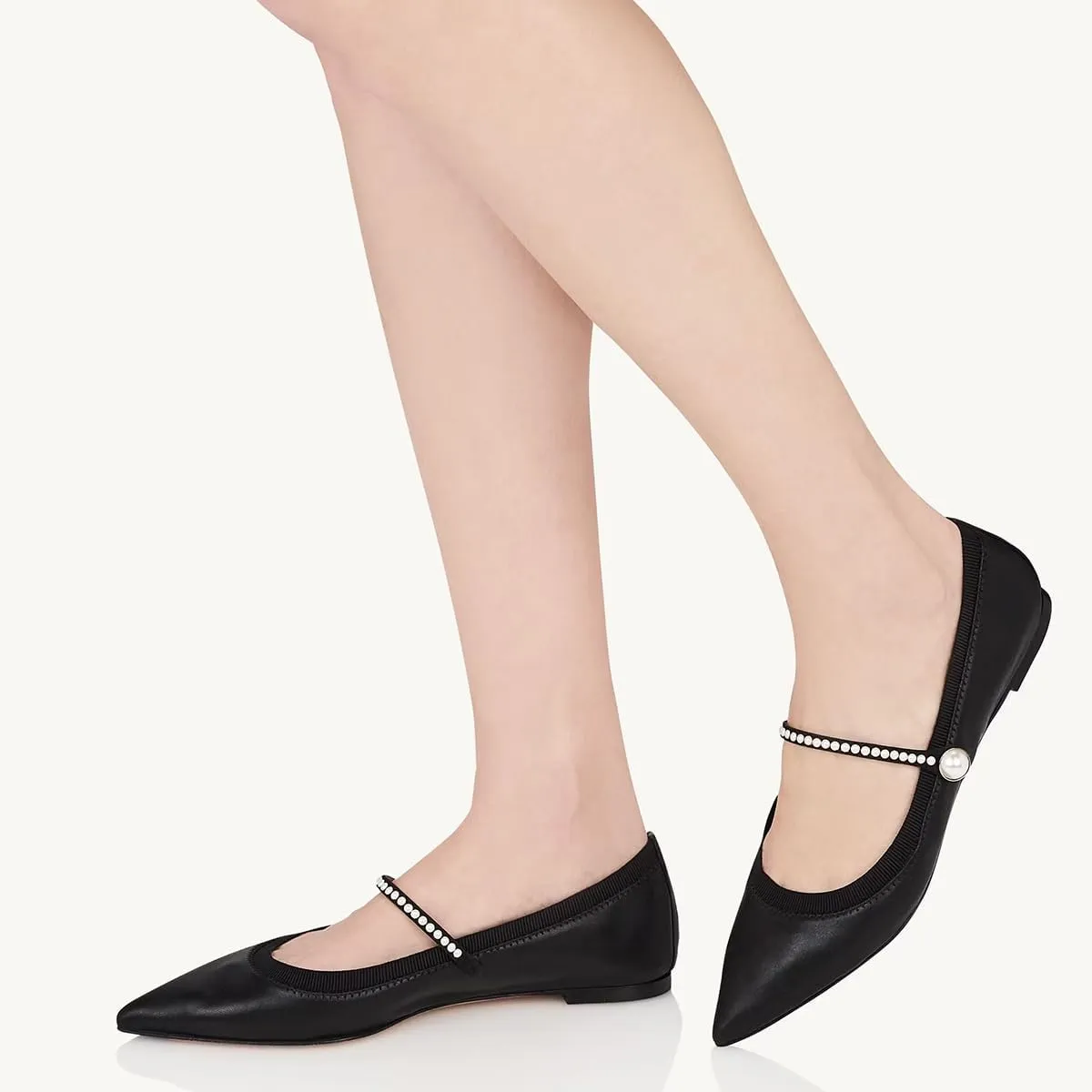 miss left Women Classic Pointed Toe Pearls Single Strap Buckle Flat Mary Janes Comfy Party Dance Ballet Shoes Size 4-16 US