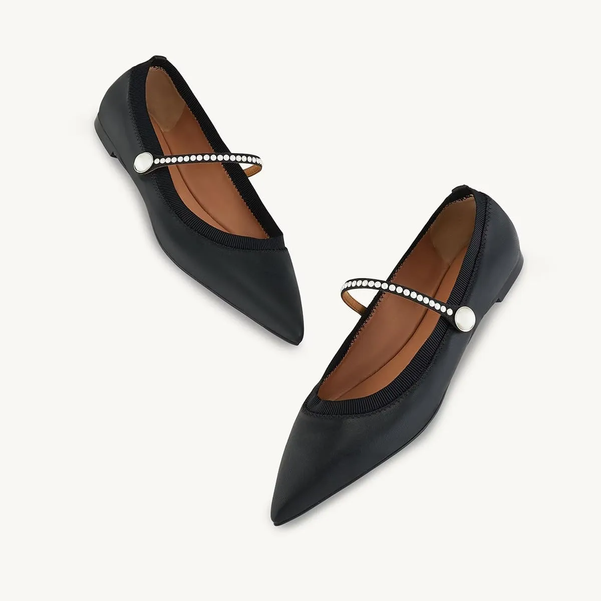 miss left Women Classic Pointed Toe Pearls Single Strap Buckle Flat Mary Janes Comfy Party Dance Ballet Shoes Size 4-16 US