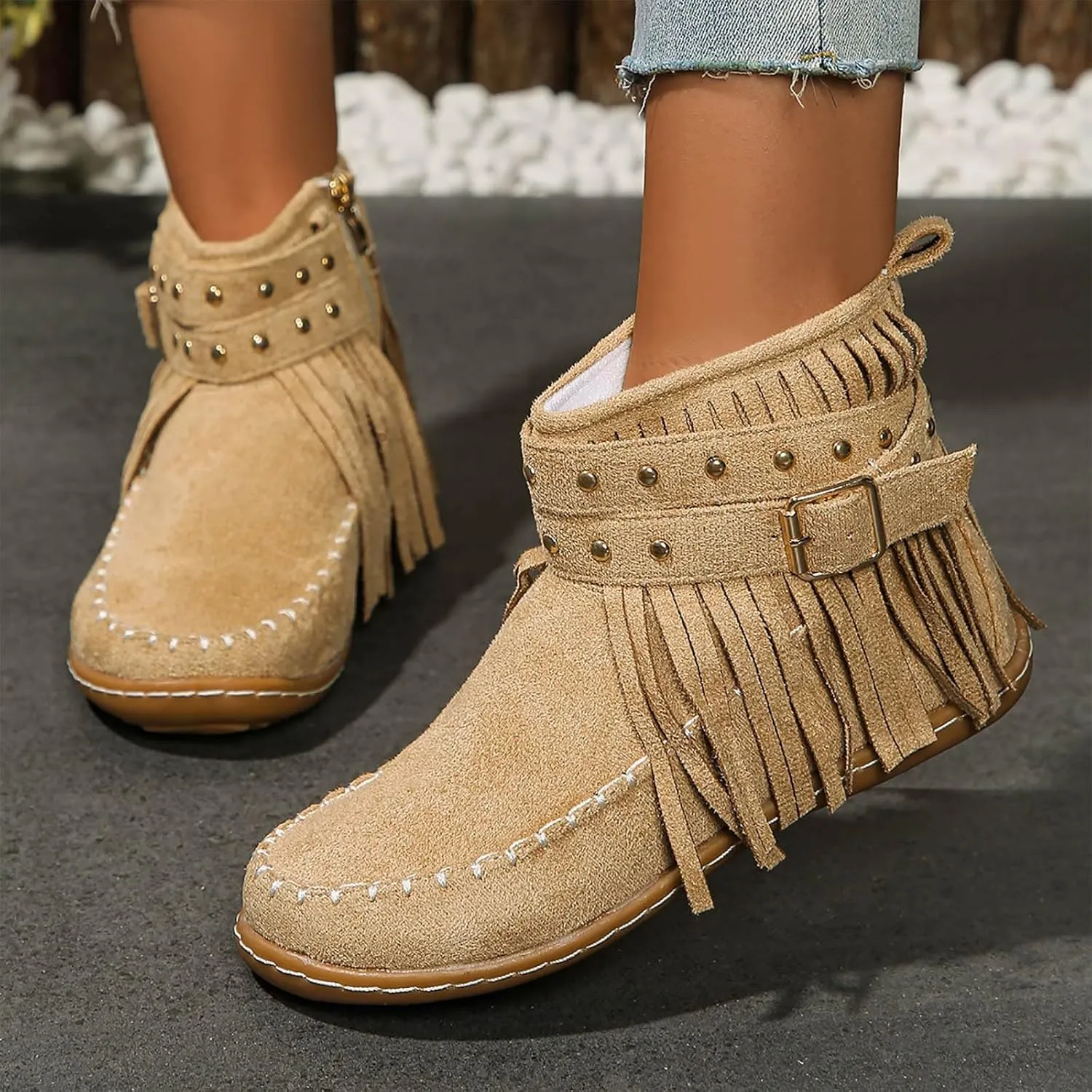 Moccasin Boots For Women Suede Fringe Boots Ankle Cowboy Boots Flat Tassel Boots Short Western Boots Ankle Booties
