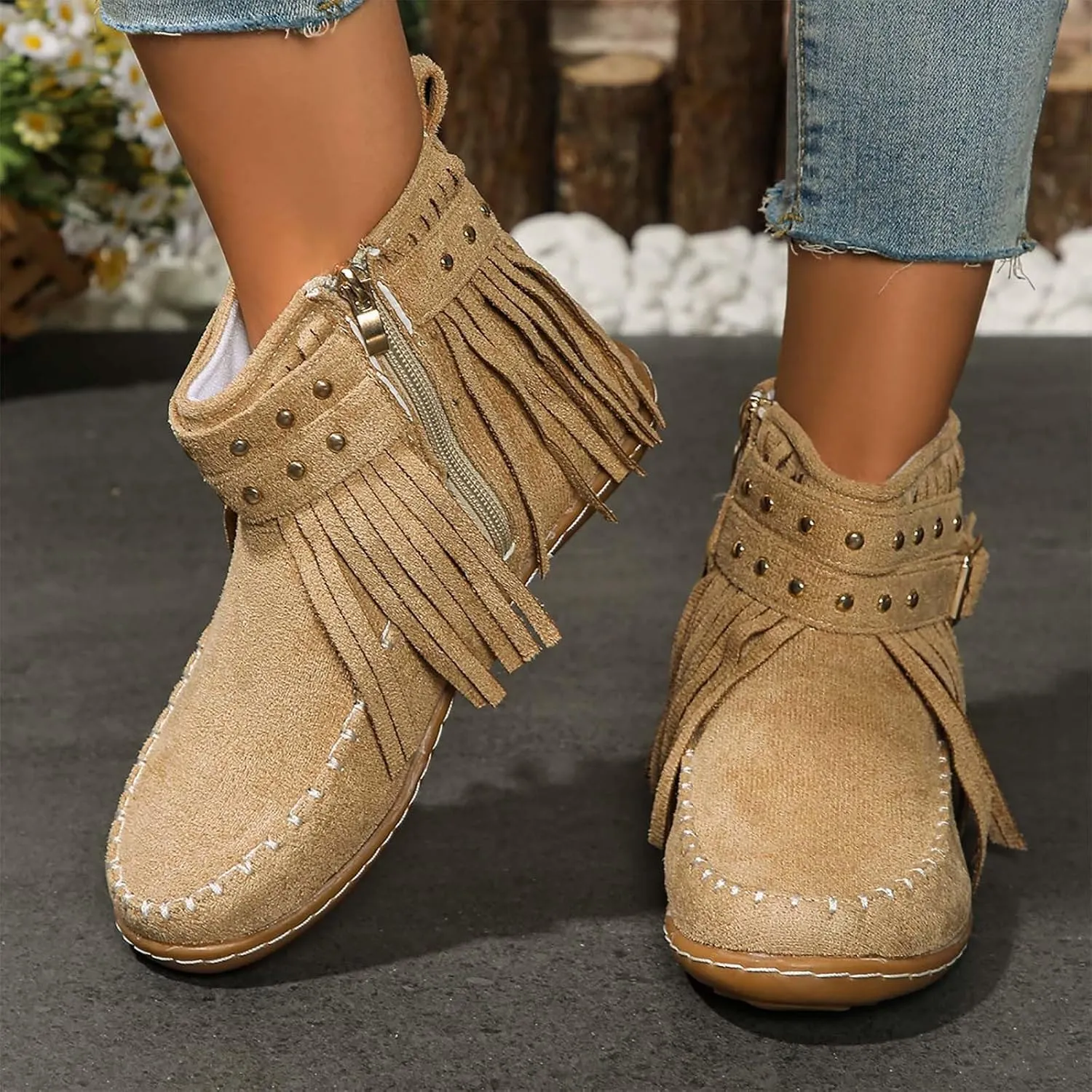 Moccasin Boots For Women Suede Fringe Boots Ankle Cowboy Boots Flat Tassel Boots Short Western Boots Ankle Booties