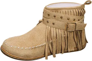 Moccasin Boots For Women Suede Fringe Boots Ankle Cowboy Boots Flat Tassel Boots Short Western Boots Ankle Booties