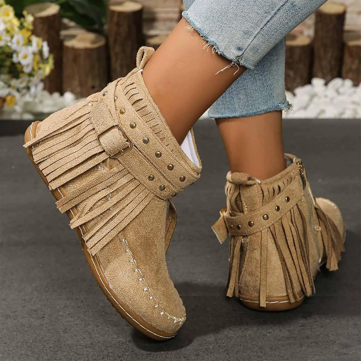 Moccasin Boots For Women Suede Fringe Boots Ankle Cowboy Boots Flat Tassel Boots Short Western Boots Ankle Booties