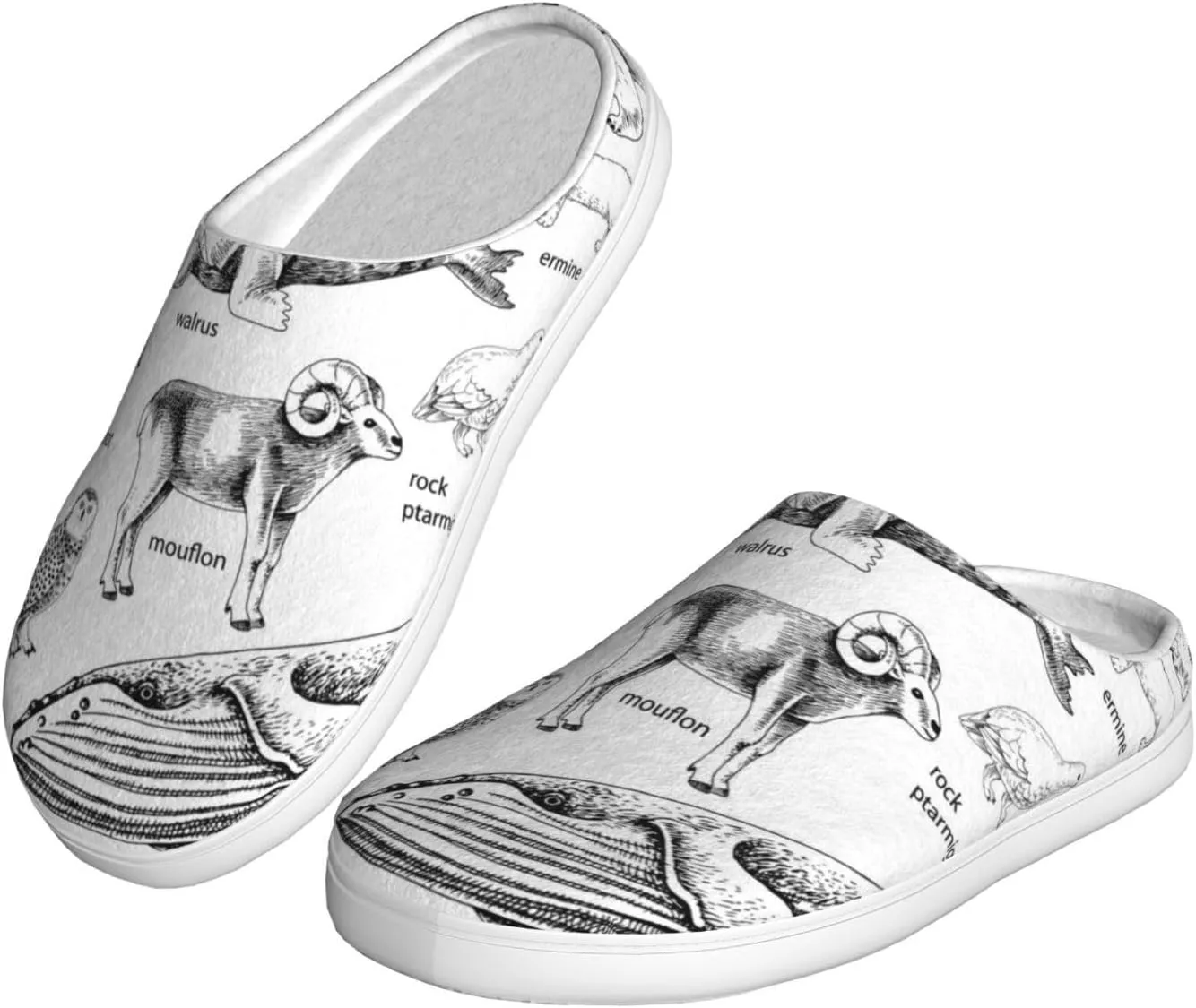 Monochrome Hand Drawn Arctic Animals Slippers For Women'S & Mens Casual House Shoes Closed Toe Flannel Scuff Slippers