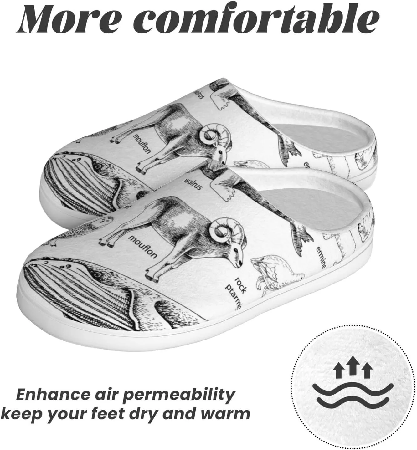 Monochrome Hand Drawn Arctic Animals Slippers For Women'S & Mens Casual House Shoes Closed Toe Flannel Scuff Slippers