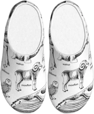 Monochrome Hand Drawn Arctic Animals Slippers For Women'S & Mens Casual House Shoes Closed Toe Flannel Scuff Slippers