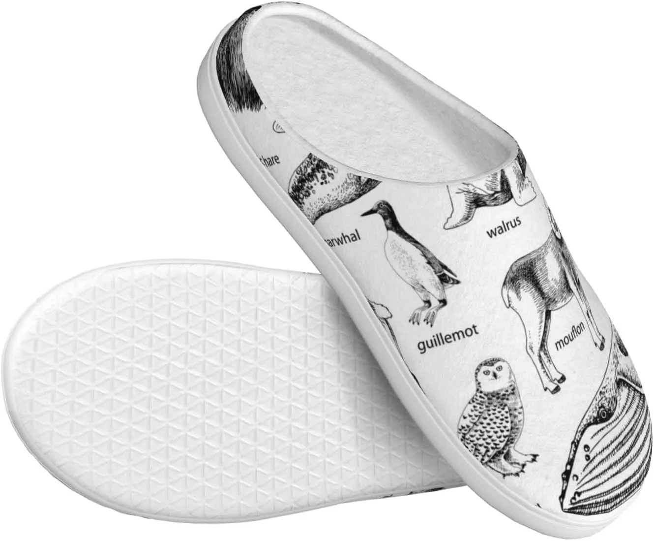 Monochrome Hand Drawn Arctic Animals Slippers For Women'S & Mens Casual House Shoes Closed Toe Flannel Scuff Slippers