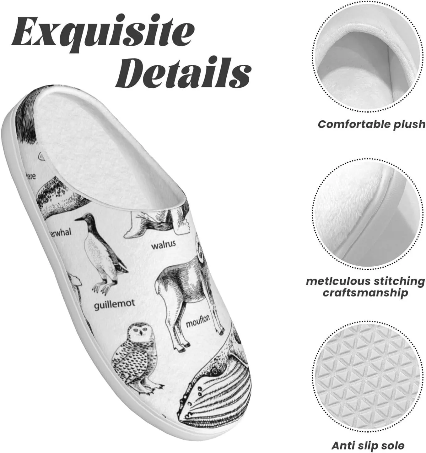 Monochrome Hand Drawn Arctic Animals Slippers For Women'S & Mens Casual House Shoes Closed Toe Flannel Scuff Slippers