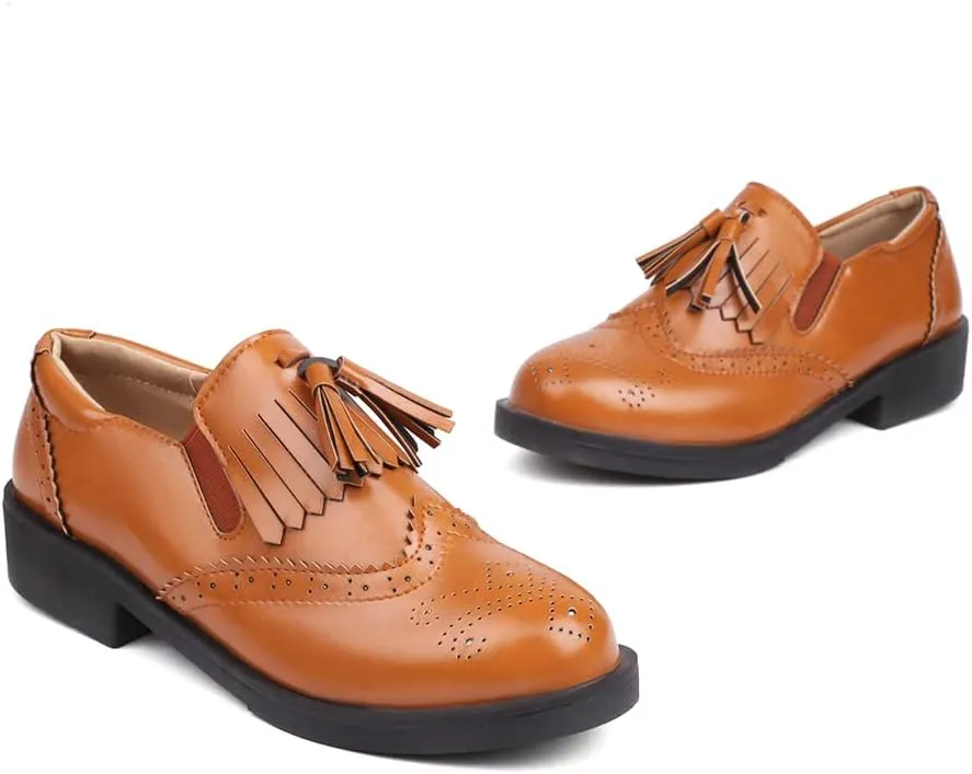 MRKEWUNEY Casual Women Flat Loafers Tassel Chunky Heel Loafers Slip On Penny Loafers Round Toe Low Loafers