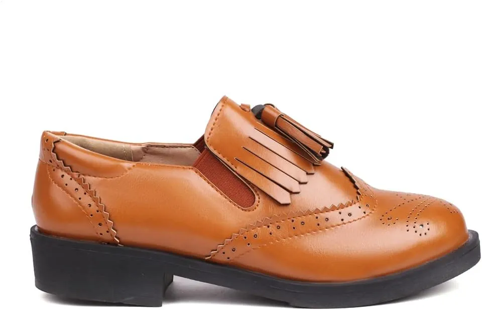 MRKEWUNEY Casual Women Flat Loafers Tassel Chunky Heel Loafers Slip On Penny Loafers Round Toe Low Loafers