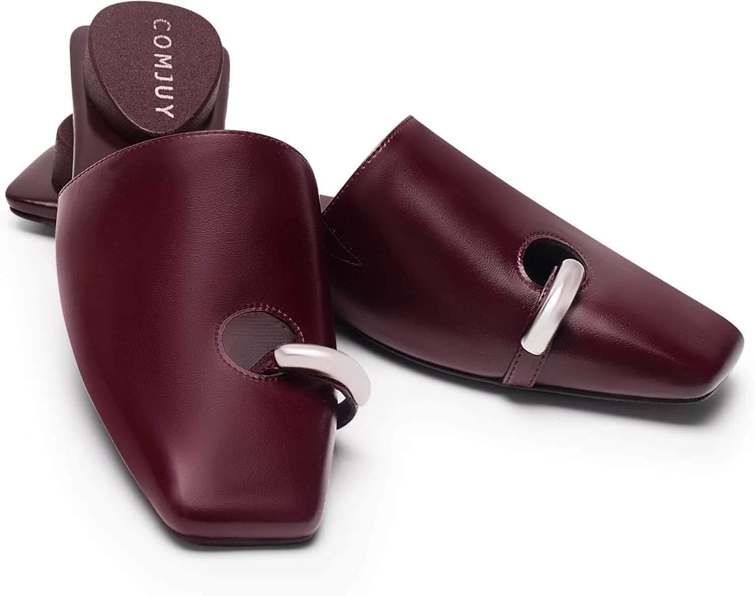 Mule Sandals for Women with Inverted Heel Cushioned, Womens Kitten Heels Clog Slides, Slip On Toe Ring Sandals Low Heel, Pointed Toe Flats Sandals for Women Faux Leather