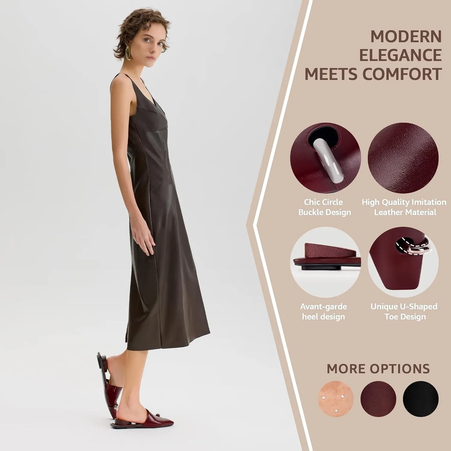 Mule Sandals for Women with Inverted Heel Cushioned, Womens Kitten Heels Clog Slides, Slip On Toe Ring Sandals Low Heel, Pointed Toe Flats Sandals for Women Faux Leather
