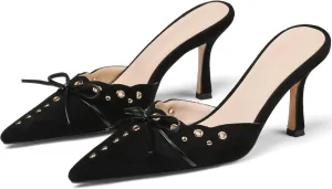 Mules for Women Black Kitten Heels Suede Closed Pointed Toe Kitten Pumps Slip On Bow Shoes Dress Sandals