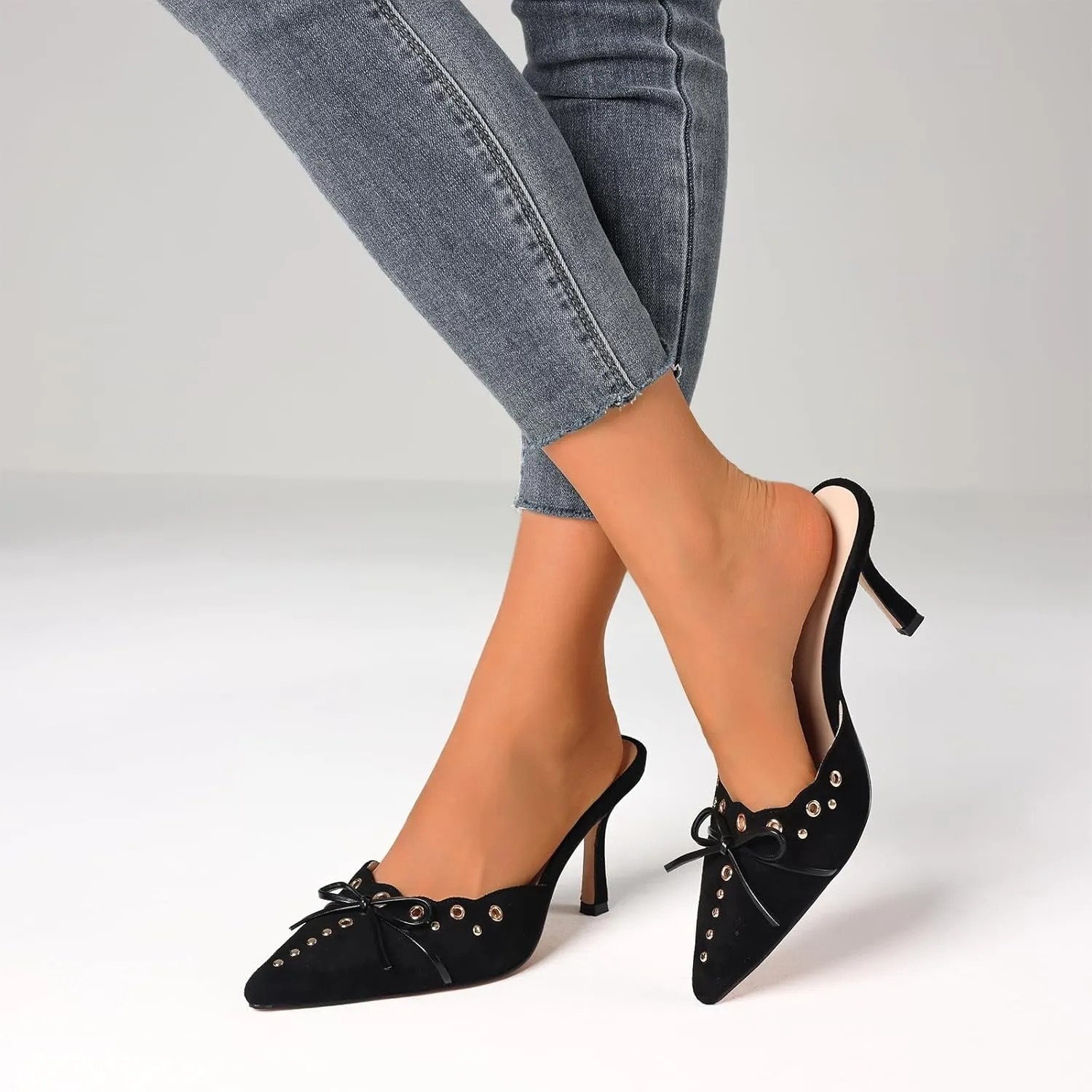 Mules for Women Black Kitten Heels Suede Closed Pointed Toe Kitten Pumps Slip On Bow Shoes Dress Sandals