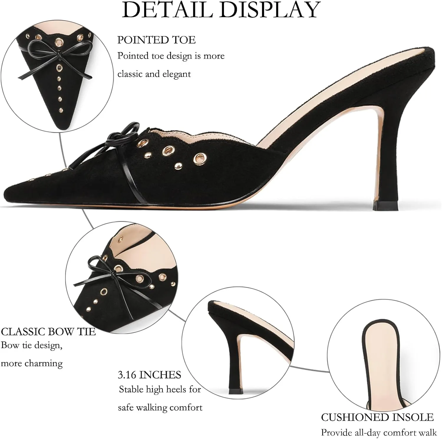 Mules for Women Black Kitten Heels Suede Closed Pointed Toe Kitten Pumps Slip On Bow Shoes Dress Sandals