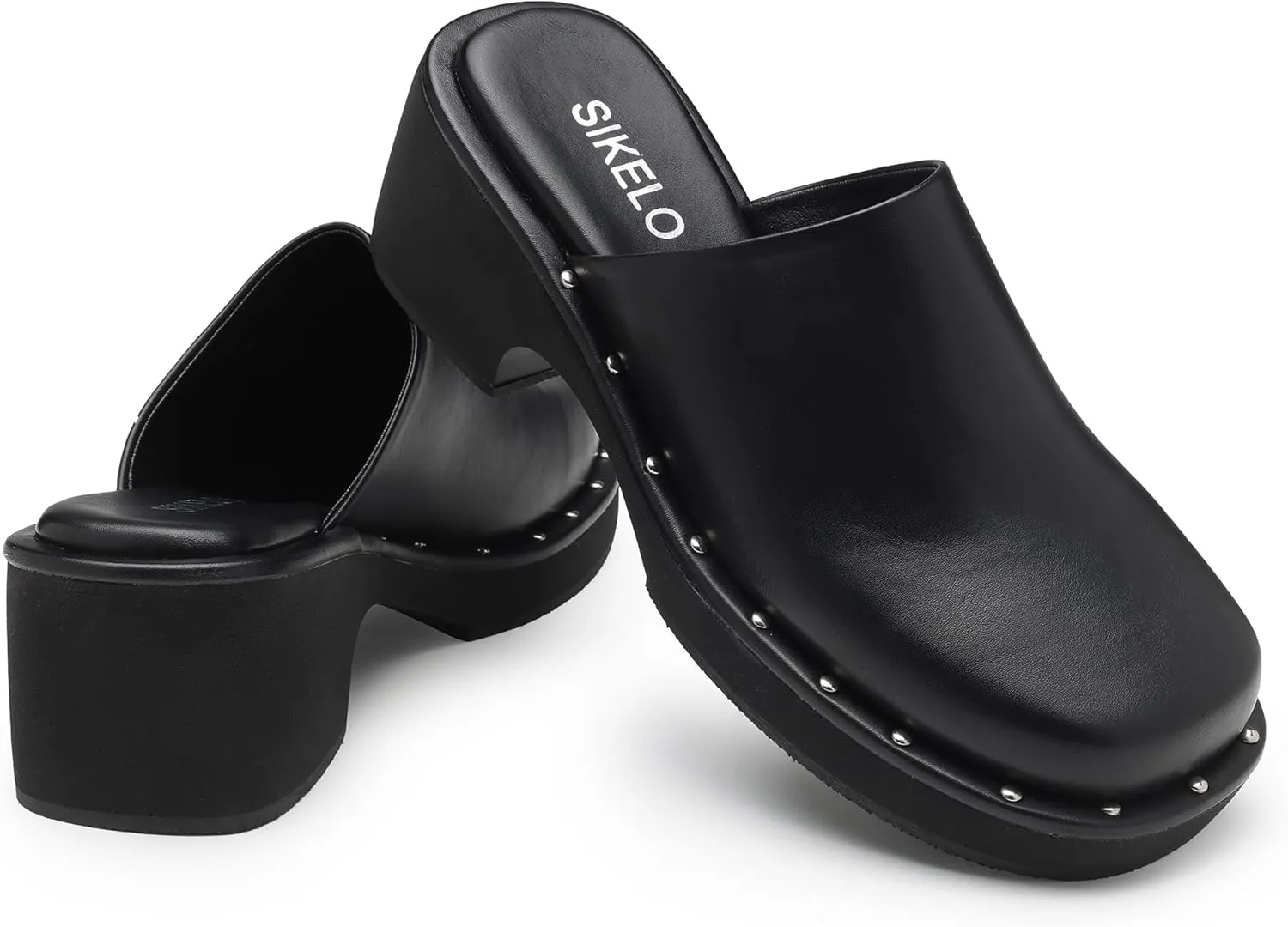 Mules for Women Clogs Chunky Block Heel Mule Square Closed Toe Slip-On Sandals with Memory Foam Padding Retro Rivet Comfort Fashion Slide Shoes