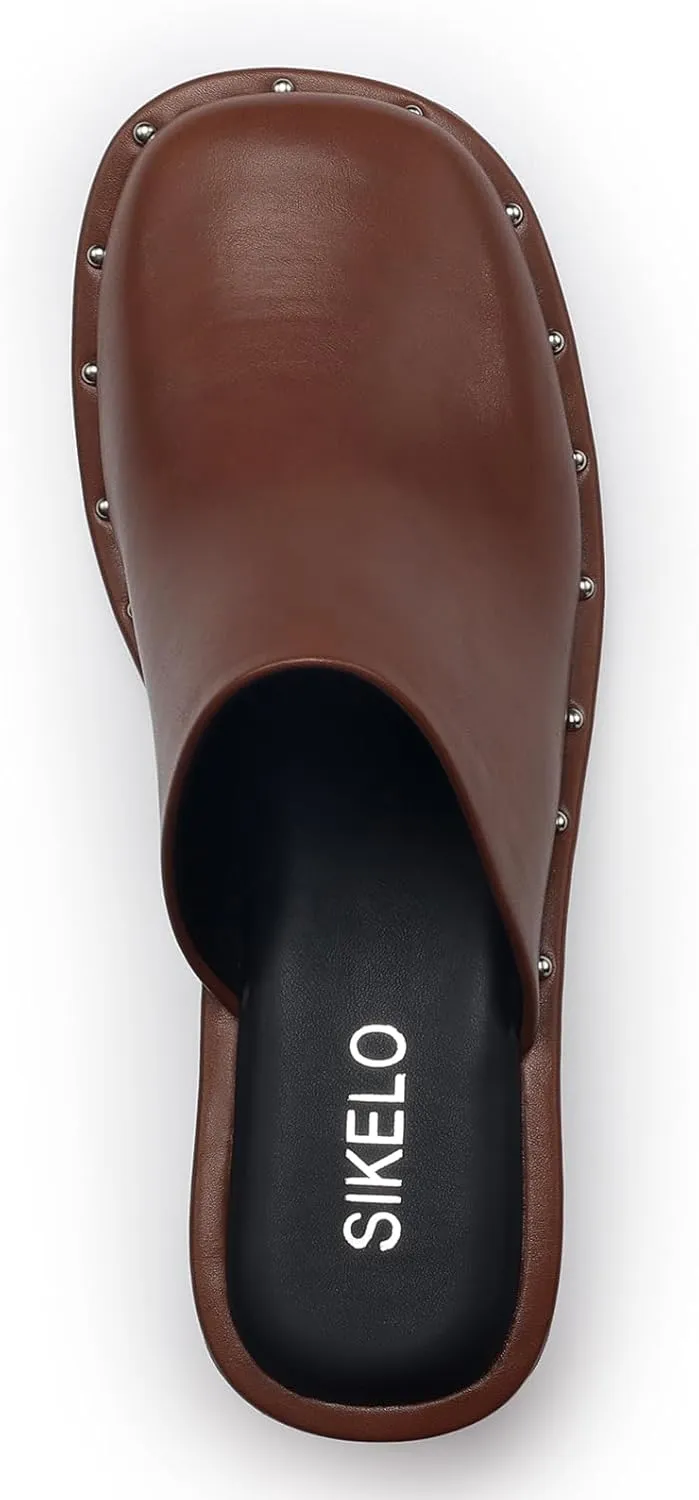 Mules for Women Clogs Chunky Block Heel Mule Square Closed Toe Slip-On Sandals with Memory Foam Padding Retro Rivet Comfort Fashion Slide Shoes
