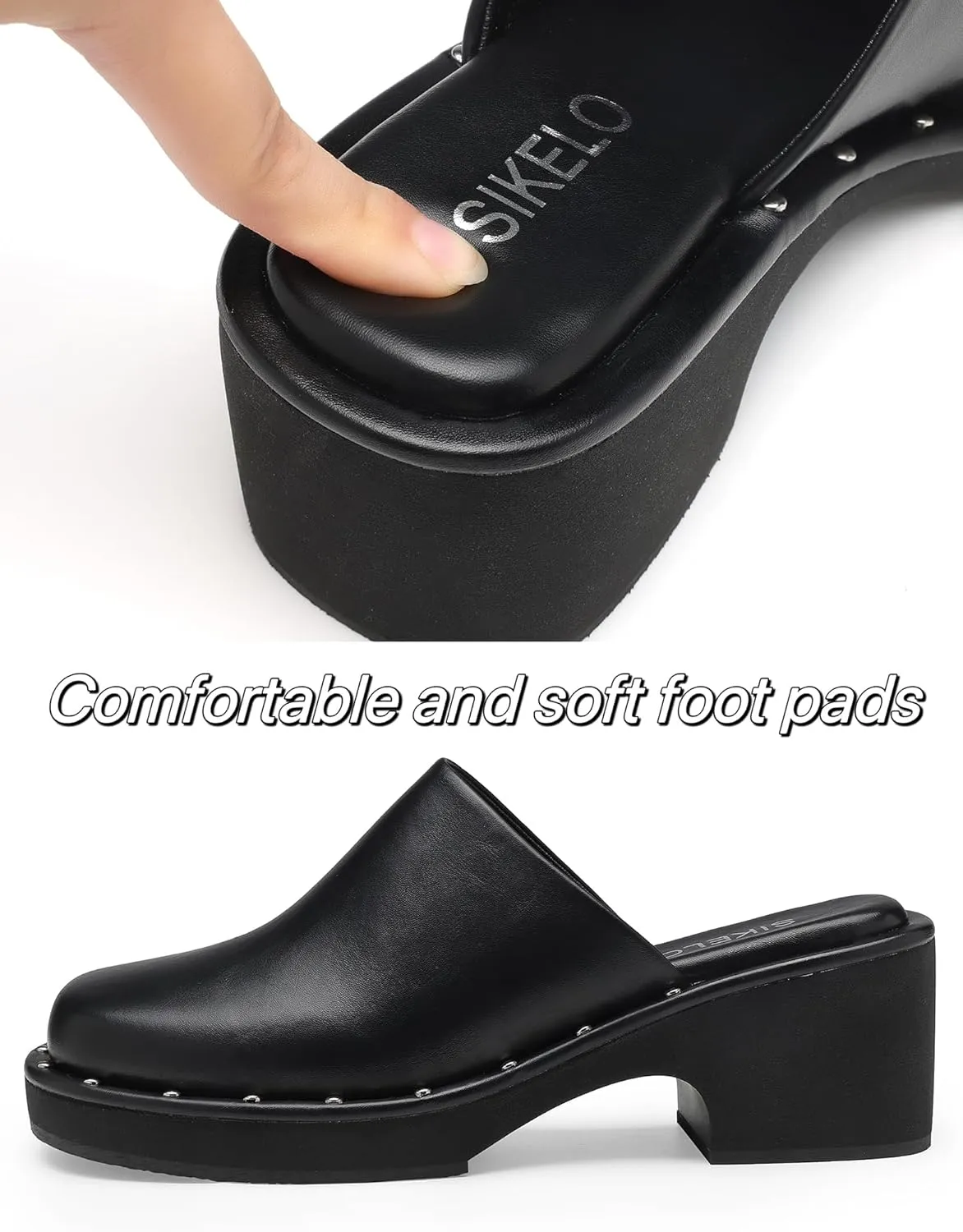 Mules for Women Clogs Chunky Block Heel Mule Square Closed Toe Slip-On Sandals with Memory Foam Padding Retro Rivet Comfort Fashion Slide Shoes